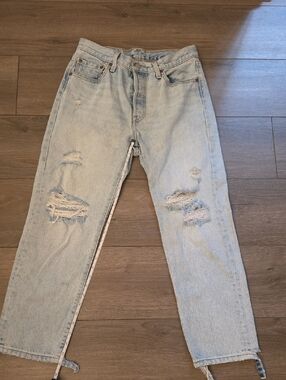 Levi's 501 Light Blue Relaxed Ripped Jeans